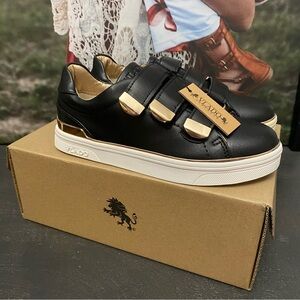 Size 4 Vlado Black & Gold Low Top Sneakers Hook & Loop Closure BRAND NEW